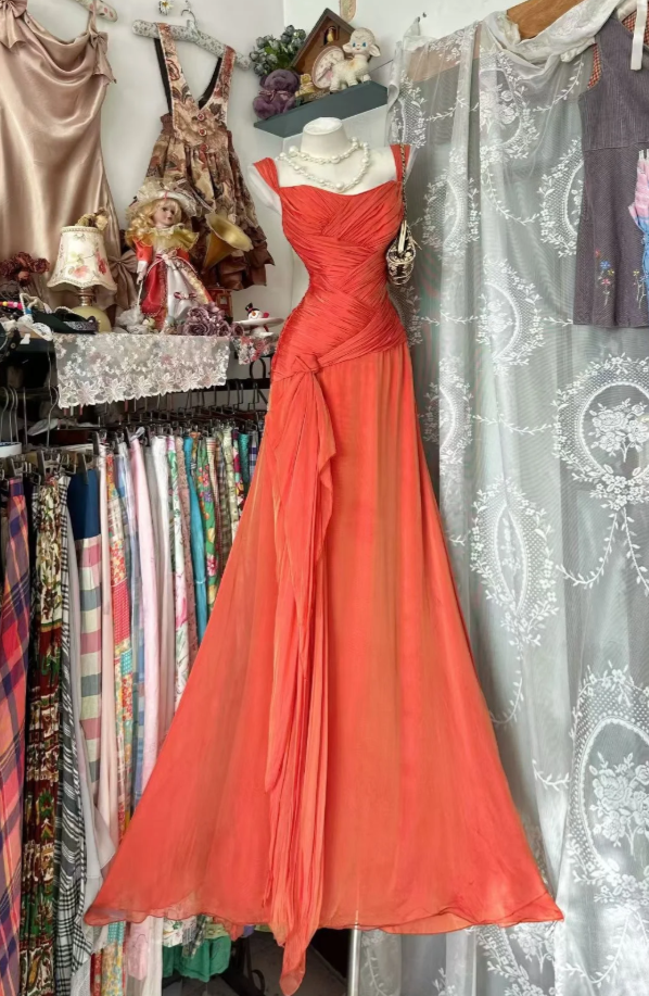 Gorgeous Coral Long Prom Dress Straps Sheath Evening Dress Chiffon Sle – EvaFashionDress