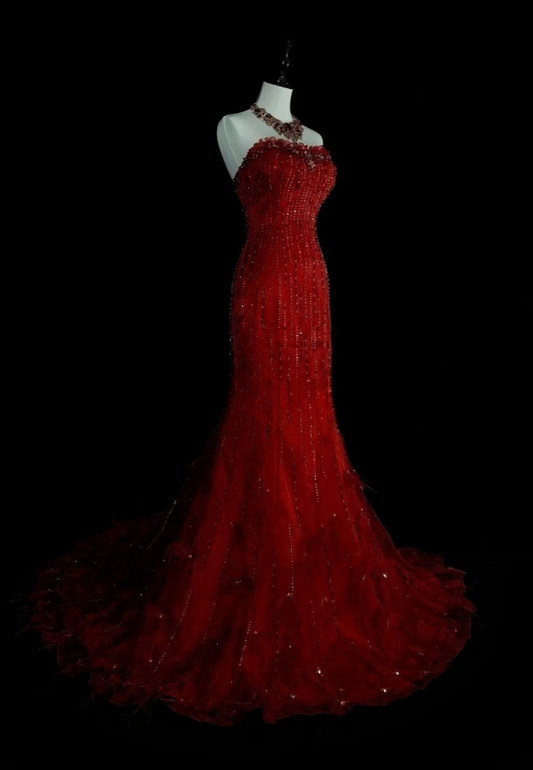 Gorgeous Red Long Prom Dress Strapless Mermaid Evening Dress Beaded Tulle Sleeveless Birthday Dress ED06580