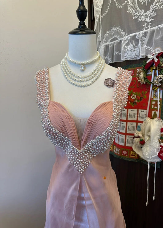 Gorgeous Pink Long Prom Dress Sweetheart A-Line Evening Dress Beaded Satin Sleeveless Birthday Dress ED06581