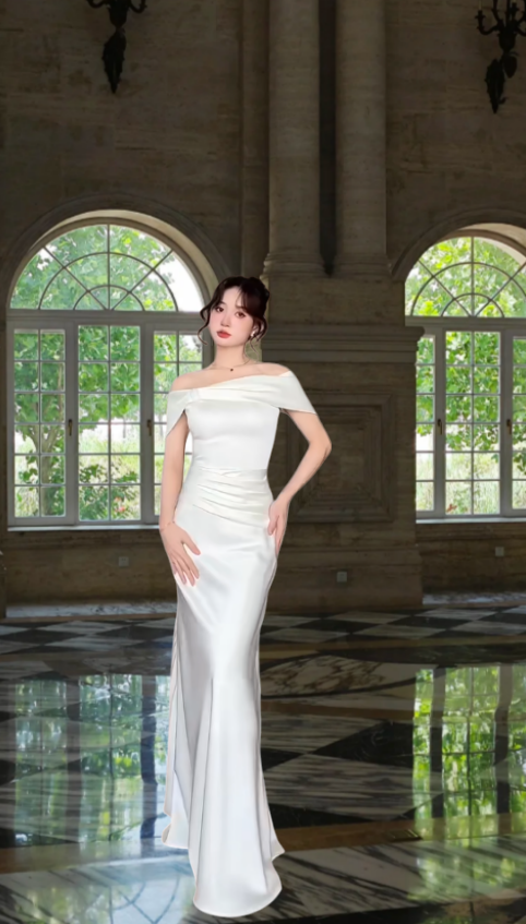 Chic White Long Prom Dress Off-shoulder Sheath Evening Dress Satin Sleeveless Birthday Dress ED06582