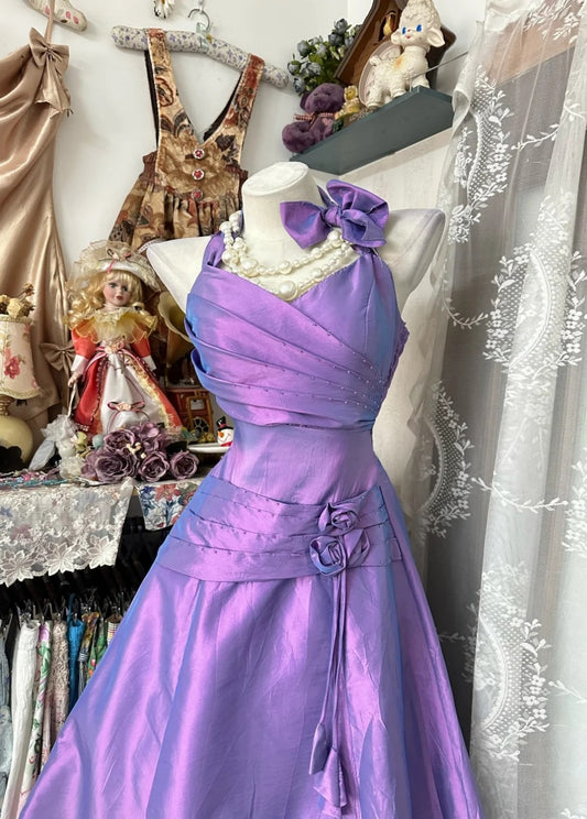 Cute Purple Long Prom Dress Halter A-Line Evening Dress Satin Sleeveless Birthday Dress ED06586
