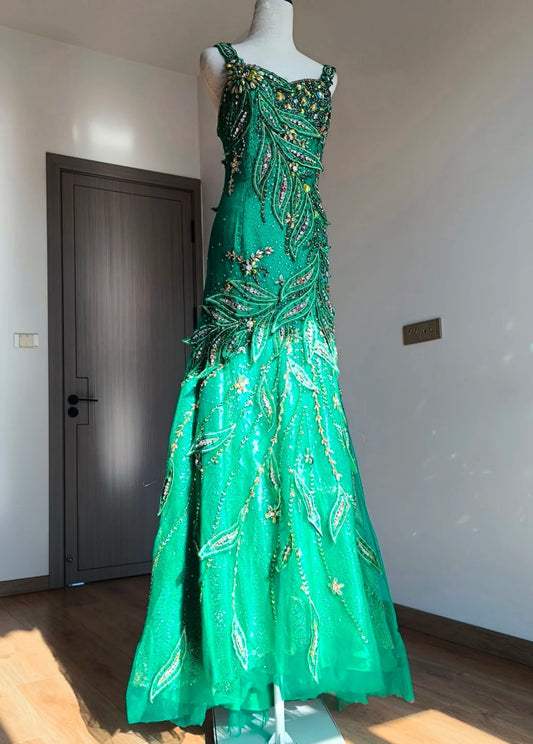 Vintage Green Long Prom Dress Beaded Straps Sheath Evening Dress Tulle Appliques Sleeveless Birthday Dress ED06589