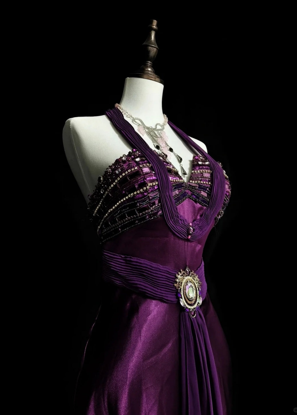 Chic Purple Long Prom Dress Satin Halter Sheath Evening Dress Sleeveless Wedding Guest Dress ED06595