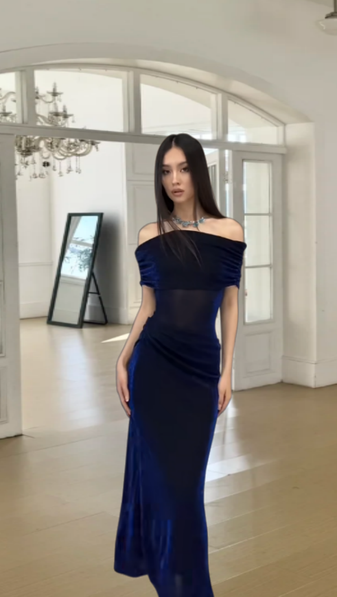 Chic Dark Blue Long Prom Dress One-shoulder Sheath Evening Dress Sleeveless Wedding Guest Dress ED06596