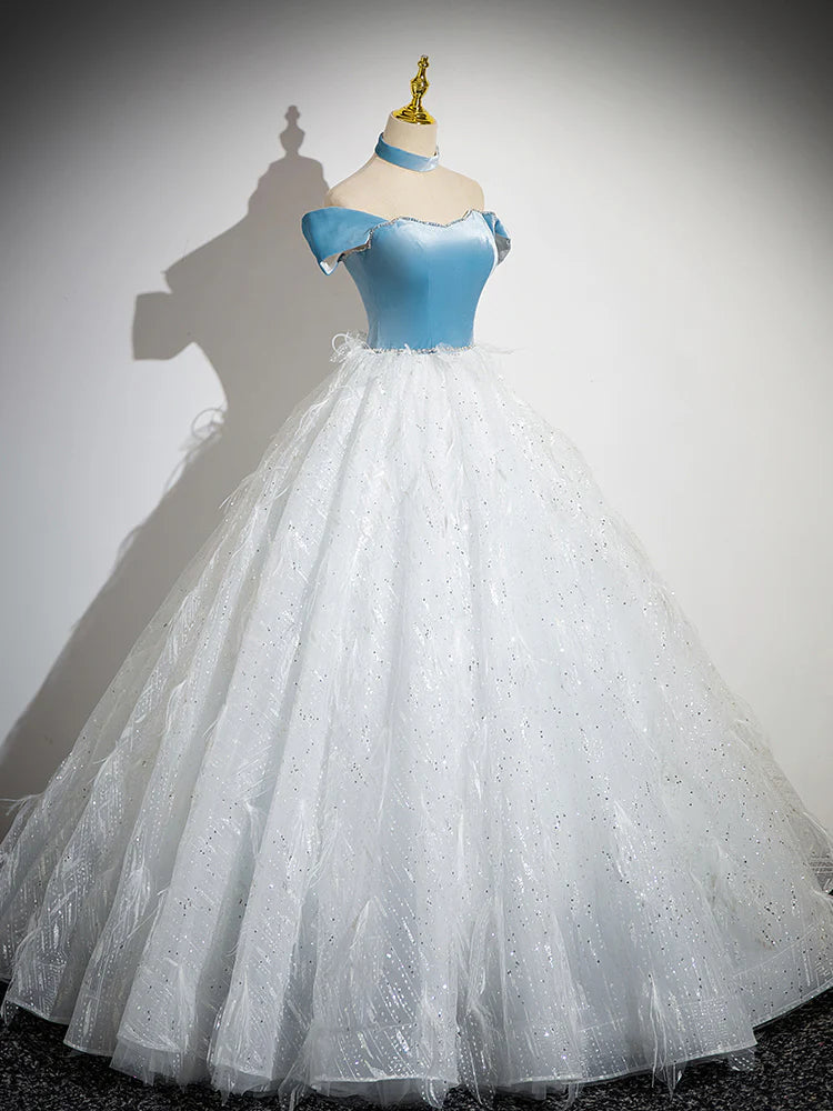 A-Line Tulle Lace White/Blue Long Prom Dress, White/Blue Long Evening Dress ED066