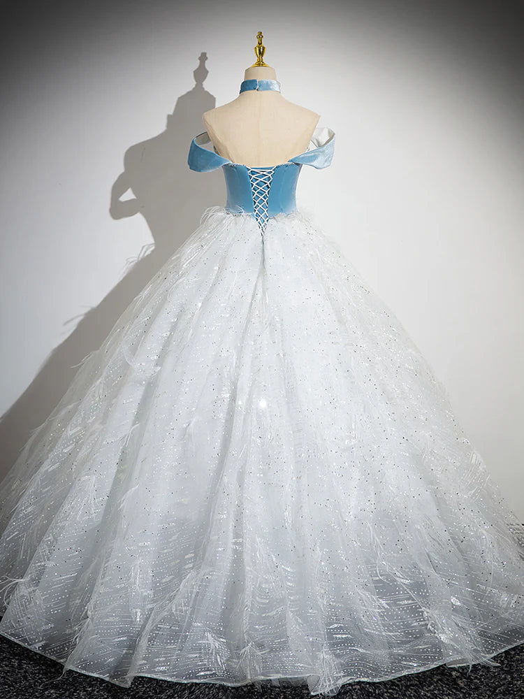 A-Line Tulle Lace White/Blue Long Prom Dress, White/Blue Long Evening Dress ED066