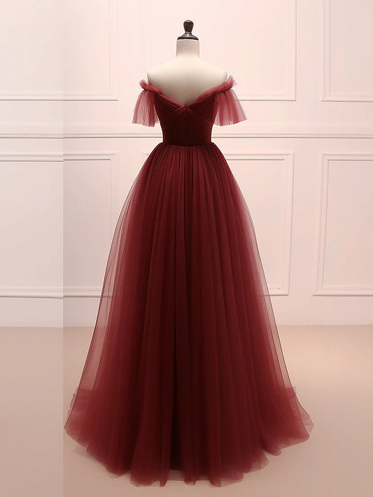 A-Line Burgundy Tulle Long Prom Dress, Burgundy Long Evening Dress ED0660