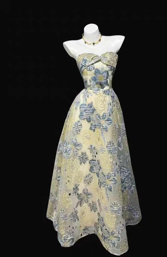 Gorgeous A-Line Long Prom Dress Tulle Yellow Birthday Dress Jacquard Sleeveless Evening Dress ED06601