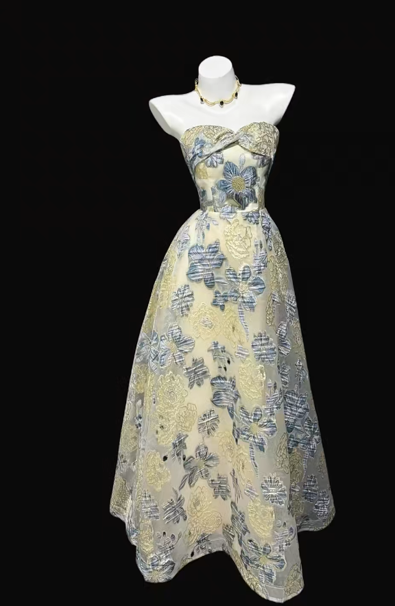 Gorgeous A-Line Long Prom Dress Tulle Yellow Birthday Dress Jacquard Sleeveless Evening Dress ED06601