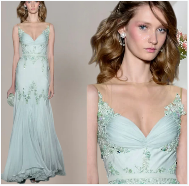 Gorgeous Sheath Long Prom Dress Chiffon Spaghetti Straps Tiffany Blue Birthday Dress Beaded Sleeveless Evening Dress ED06602