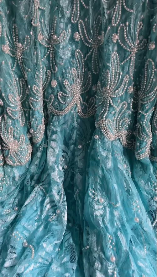 Fairy Blue Long Prom Dress V-Neck Mermaid Evening Dress Lace Beaded Birthday Dress ED06604