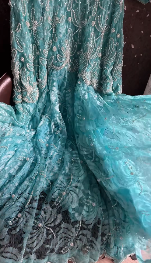 Fairy Blue Long Prom Dress V-Neck Mermaid Evening Dress Lace Beaded Birthday Dress ED06604