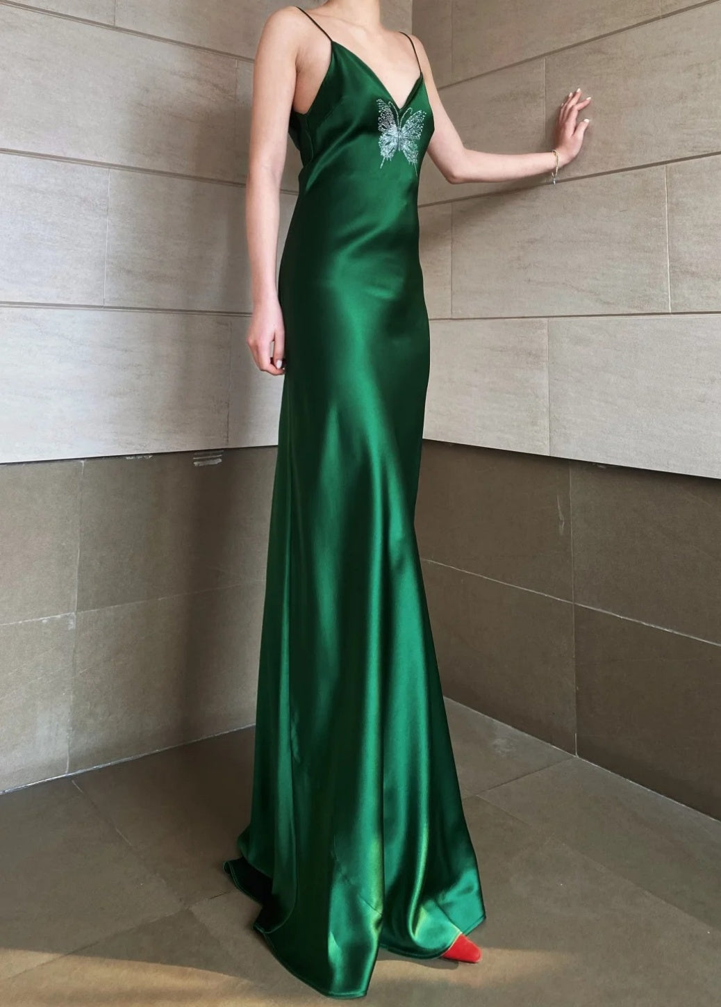 Simple Green Long Evening Dress Spaghetti Straps Sheath Prom Dress Sleeveless Party Dress ED06606
