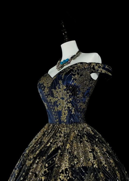 Gorgeous Navy Blue Long Prom Dress Off-shoulder A-Line Long Evening Dress Beaded Appliques Birthday Dress ED06607