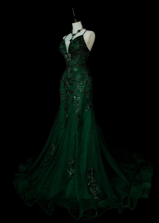 Gorgeous Dark Green Long Prom Dress Tulle Spaghetti Straps Sheath Long Evening Dress Appliques Sleeveless Birthday Dress ED06608