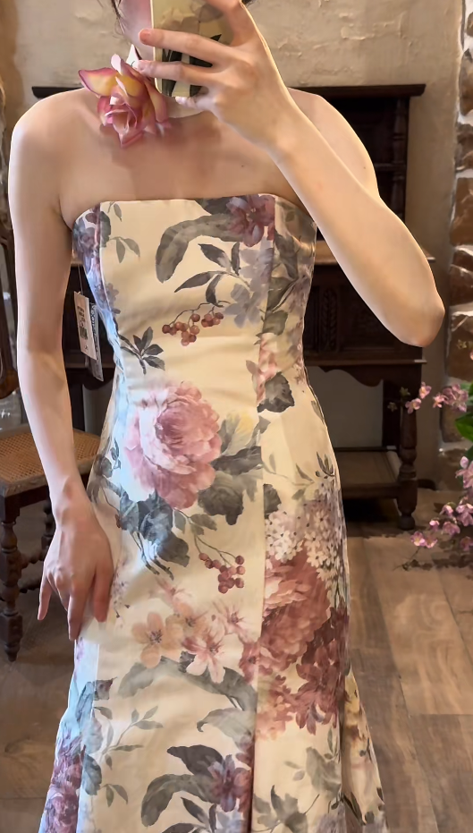 Gorgeous Floral Long Prom Dress Satin Strapless Mermaid Evening Dress Sleeveless Wedding Guest Dress ED06610