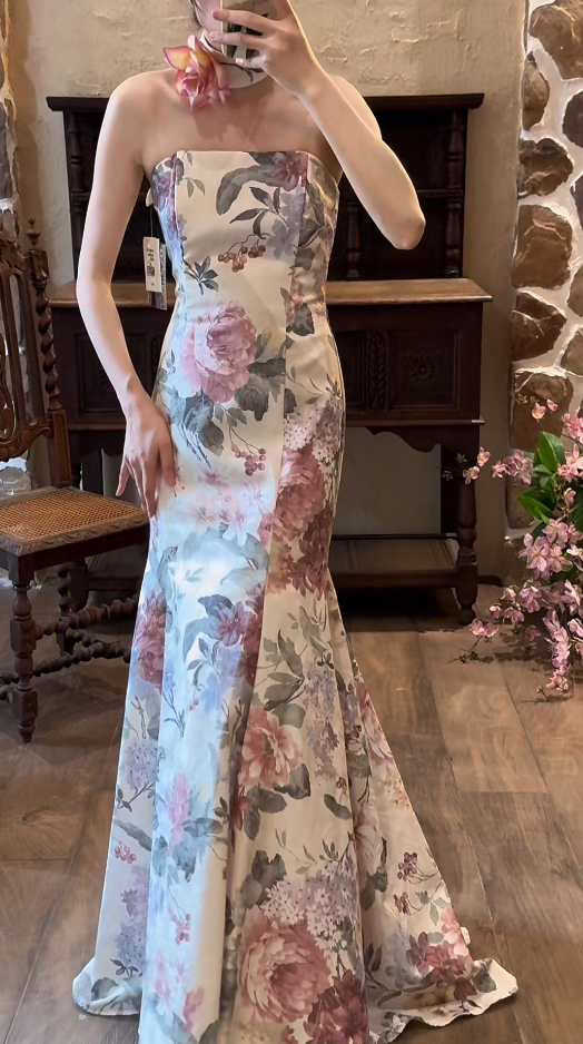 Gorgeous Floral Long Prom Dress Satin Strapless Mermaid Evening Dress Sleeveless Wedding Guest Dress ED06610