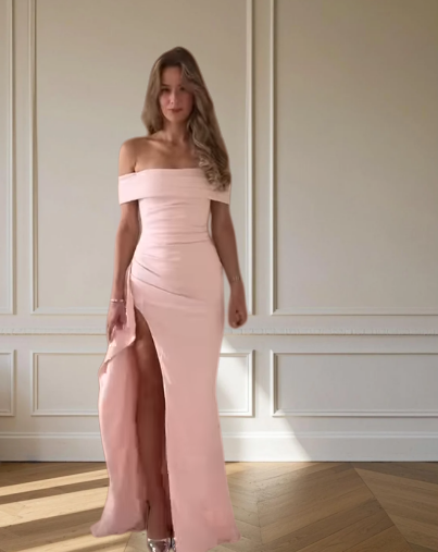Chic Pink Long Prom Dress Satin Off-shoulder Sheath Evening Dress Sleeveless Birthday Dress ED06615