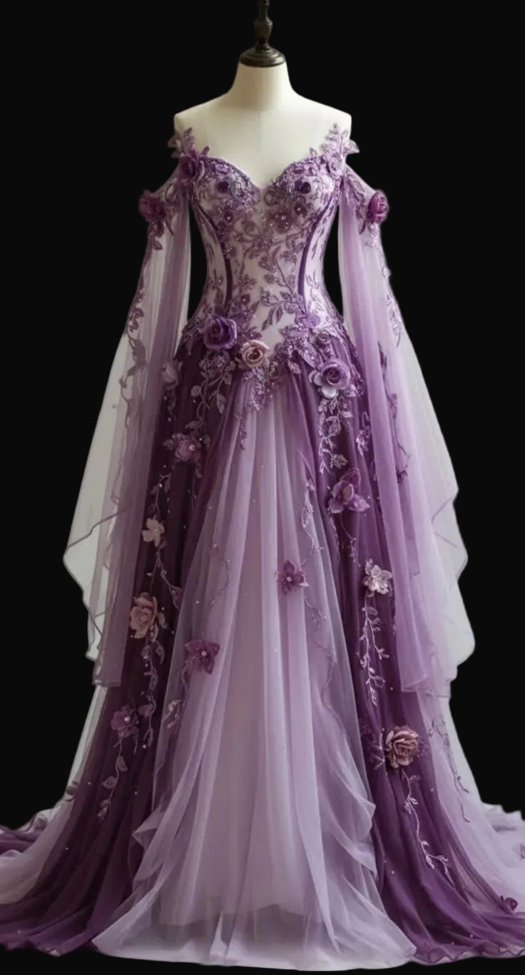 Chic Purple Long Prom Dress Tulle Appliques Sweetheart A-Line Evening Dress Sleeveless Birthday Dress ED06618