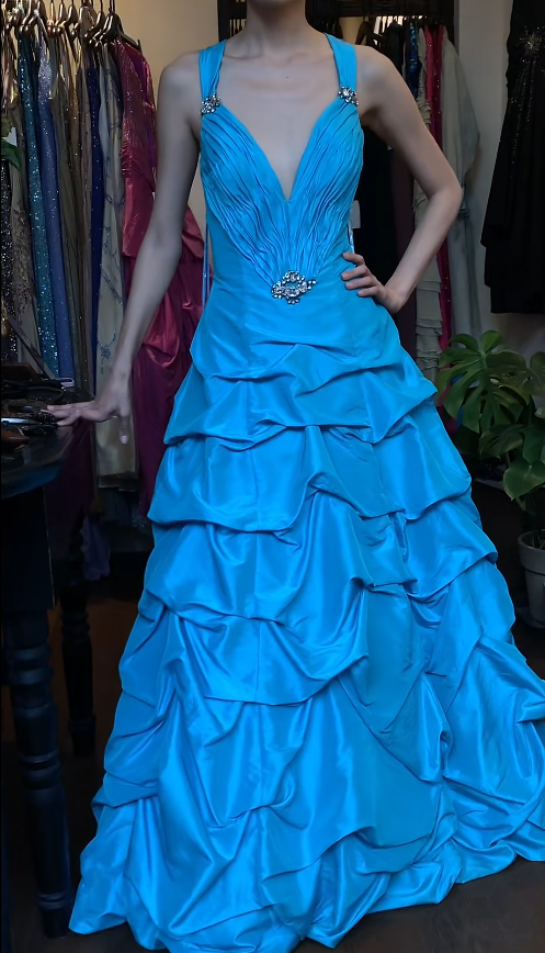 Vintage Blue Long Prom Dress Satin V-neck A-Line Evening Dress Sleeveless Formal Dress ED06628