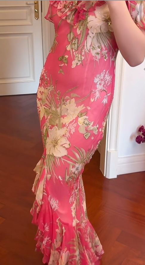 Vintage Pink Long Prom Dress Beaded Floral Chiffon V-neck Mermaid Evening Dress Sleeveless Formal Dress ED06629