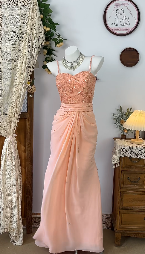Chic Blush Pink Long Prom Dress Chiffon Beaded Spaghetti Straps Sheath Evening Dress Sleeveless Birthday Dress ED06637