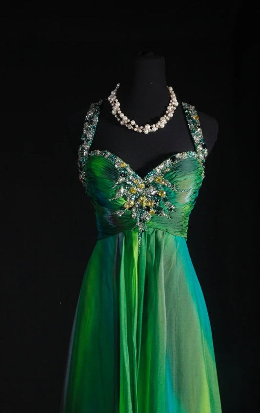 Robes d'anniversaire élégantes bleu dégradé, col en V, paillettes, mousseline, fourreau, robes de bal, robes de soirée ED04456