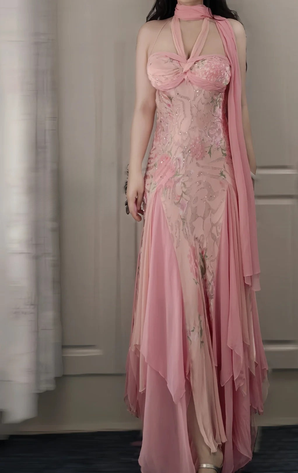 Gorgeous Pink Long Prom Dress Floral Chiffon Halter Sheath Evening Dress Sleeveless Birthday Dress ED06642