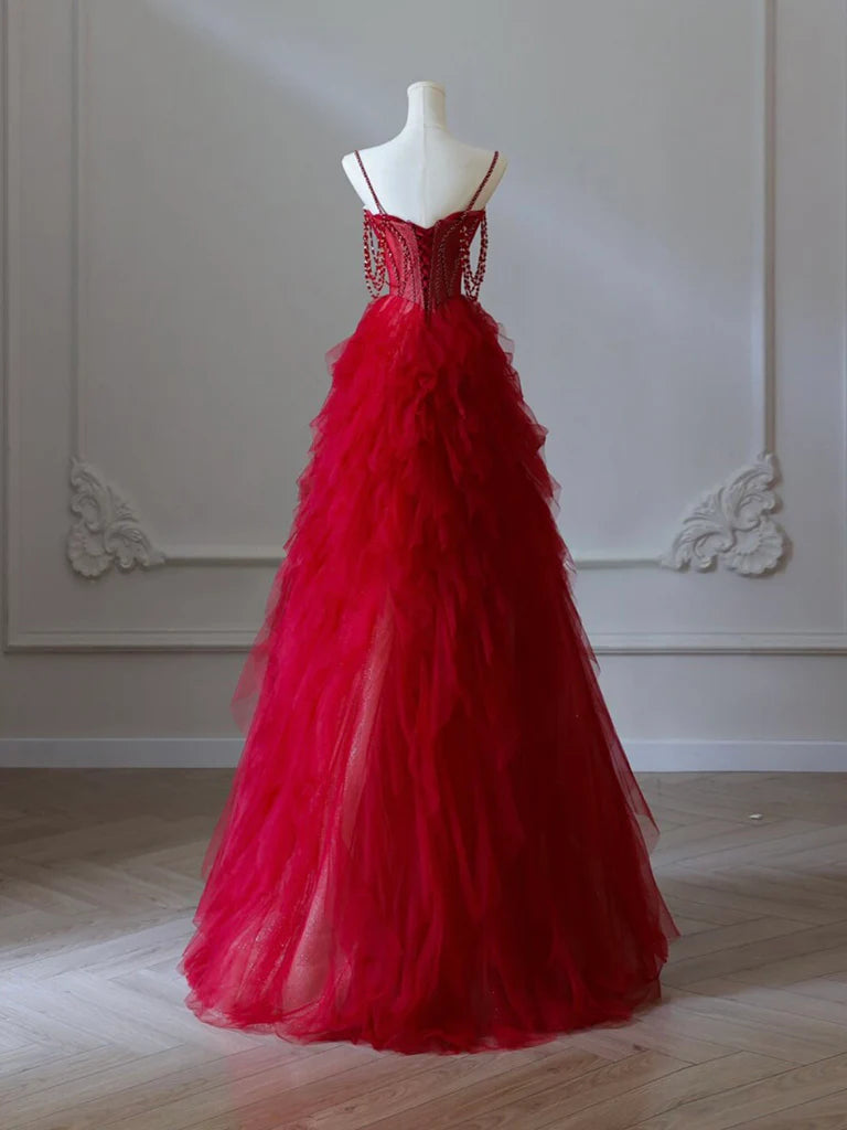 A-Line Sweetheart Neck Tulle Beads Burgundy Long Prom Dress, Burgundy Evening Dress ED0665
