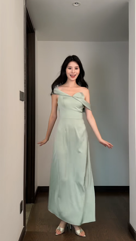 Chic Green Bridesmaid Dress Off-shoulder Sheath Evening Dress Satin Weddding Guest Dress ED06658