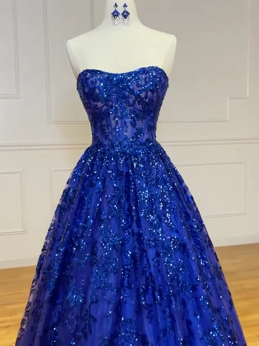 A-Line Sweetheart Neck Tulle Sequin Blue Long Prom Dress, Blue Long Formal Dress ED0666