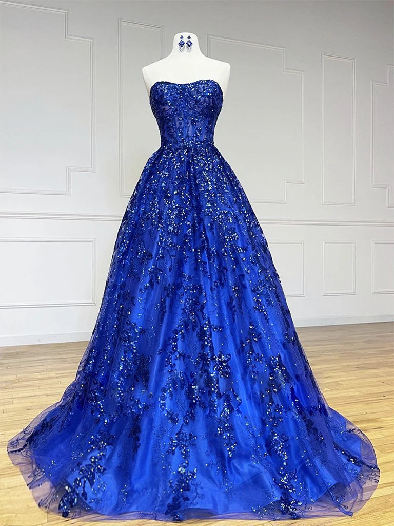 A-Line Sweetheart Neck Tulle Sequin Blue Long Prom Dress, Blue Long Formal Dress ED0666