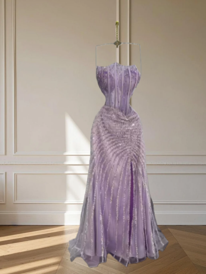 Chic Lilac Wedding Guest Dress Strapless Tulle Sheath Evening Dress Sequins Sleeveless Long Prom Dress ED06661