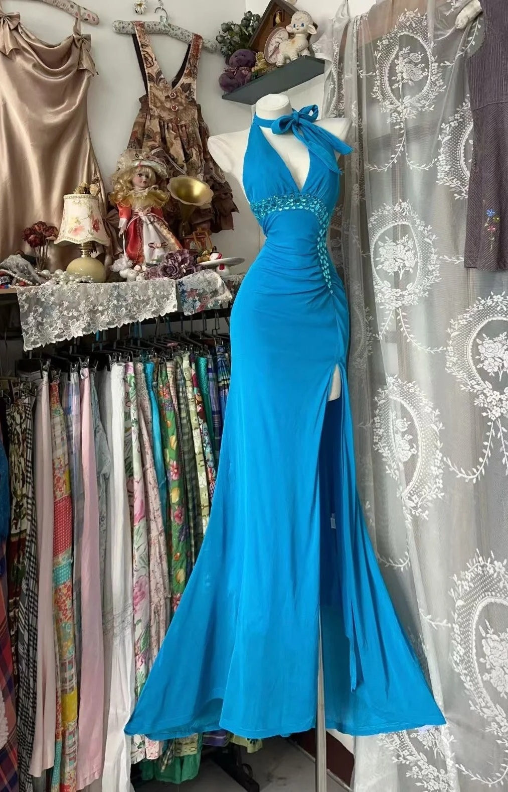 Vintage Blue Wedding Guest Dress V neck Sheath Evening Dress Chiffon Sleeveless Long Prom Dress ED06664