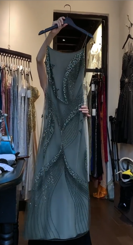 Vintage Green Long Prom Dress Spaghetti Straps Sheath Evening Dress Beaded Chiffon Sleeveless Formal Dress ED06666