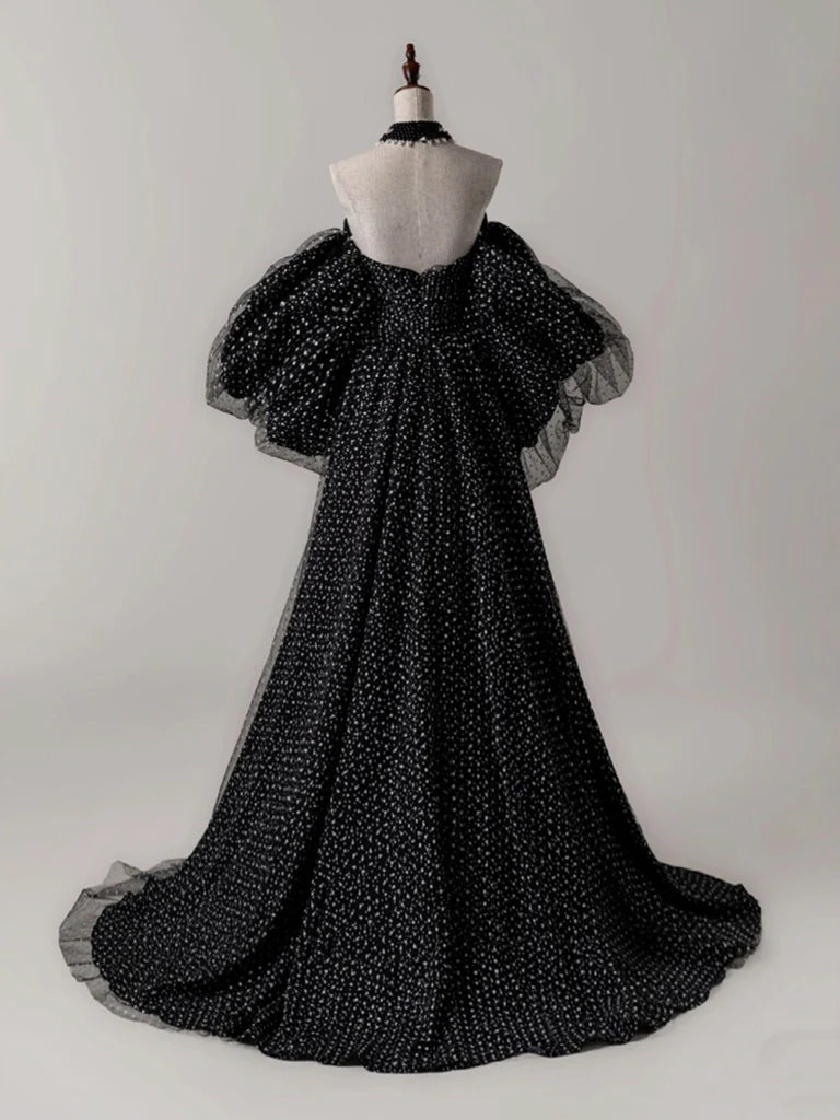 Black A- Line Tulle Long Prom Dress, Black Long Formal Dress ED0667