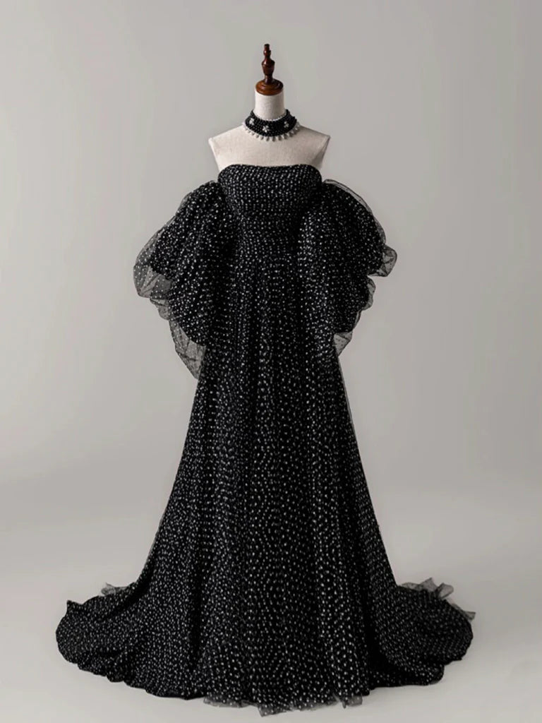 Black A- Line Tulle Long Prom Dress, Black Long Formal Dress ED0667