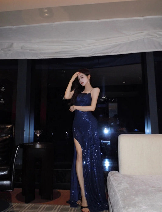 Robes d'anniversaire élégantes bleu dégradé, col en V, paillettes, mousseline, fourreau, robes de bal, robes de soirée ED04456