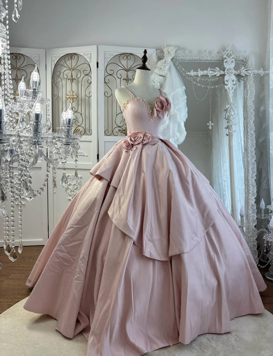 Cute Spaghetti Straps Pink Long Prom Dress Satin A-Line Evening Dress Sleeveless Birthday Dress ED06679