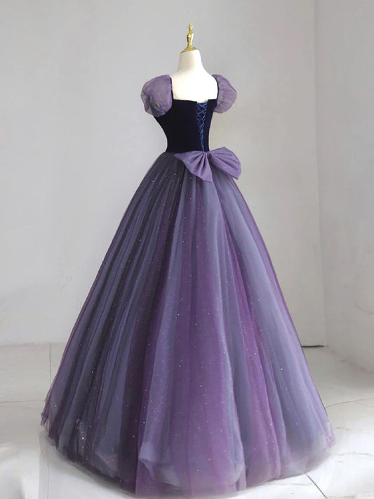 A-Line Puff sleeves Tulle Velvet Purple Long Prom Dress, Purple Long Formal Dress ED0668