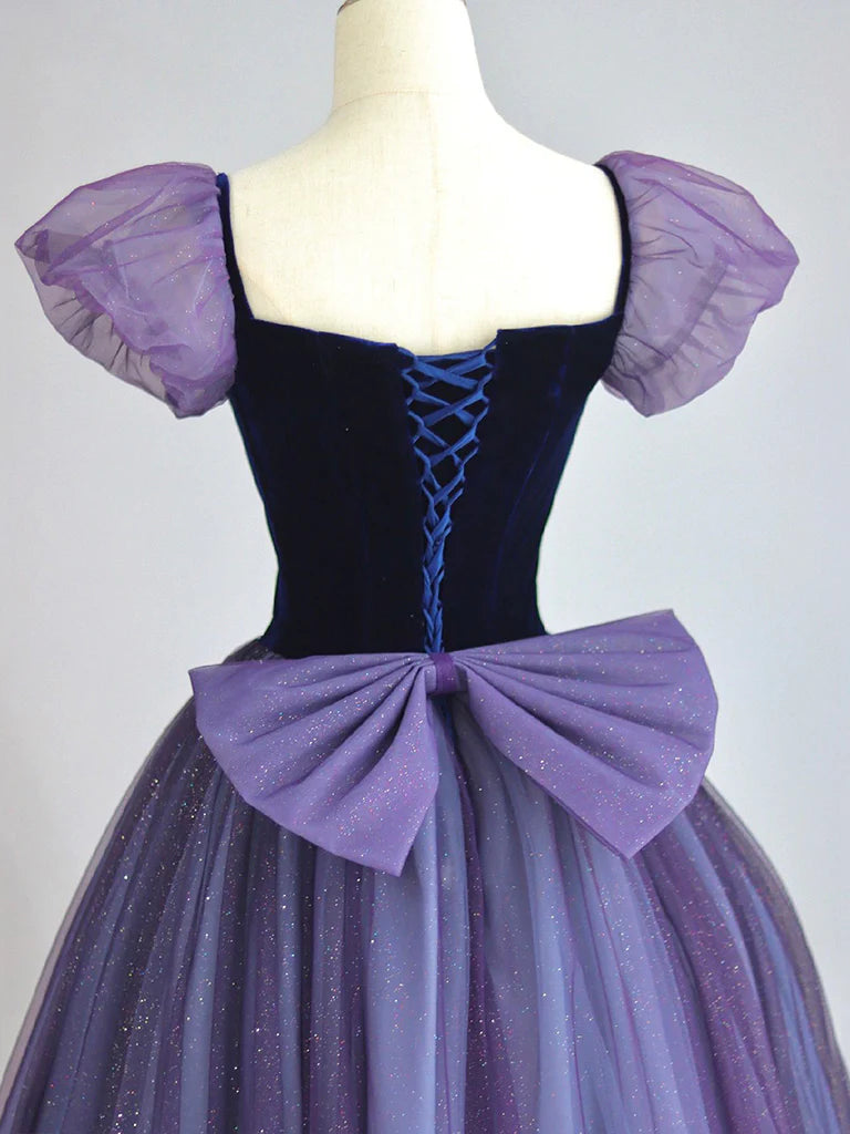 A-Line Puff sleeves Tulle Velvet Purple Long Prom Dress, Purple Long Formal Dress ED0668