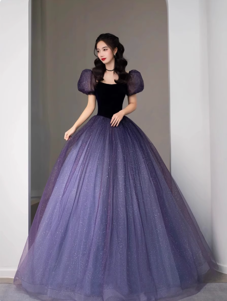 A-Line Puff sleeves Tulle Velvet Purple Long Prom Dress, Purple Long Formal Dress ED0668