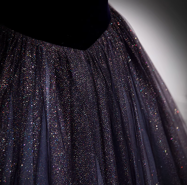 A-Line Puff sleeves Tulle Velvet Purple Long Prom Dress, Purple Long Formal Dress ED0668