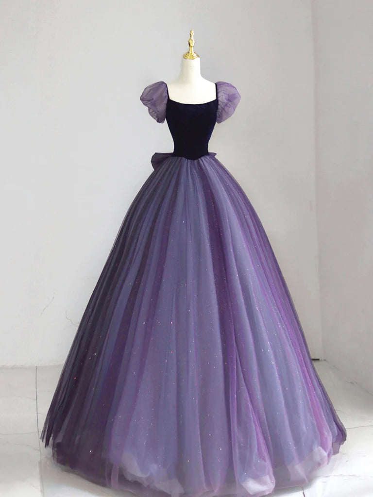 A-Line Puff sleeves Tulle Velvet Purple Long Prom Dress, Purple Long Formal Dress ED0668
