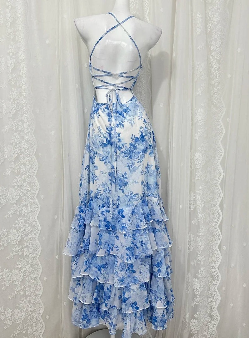 Robes d'anniversaire élégantes bleu dégradé, col en V, paillettes, mousseline, fourreau, robes de bal, robes de soirée ED04456