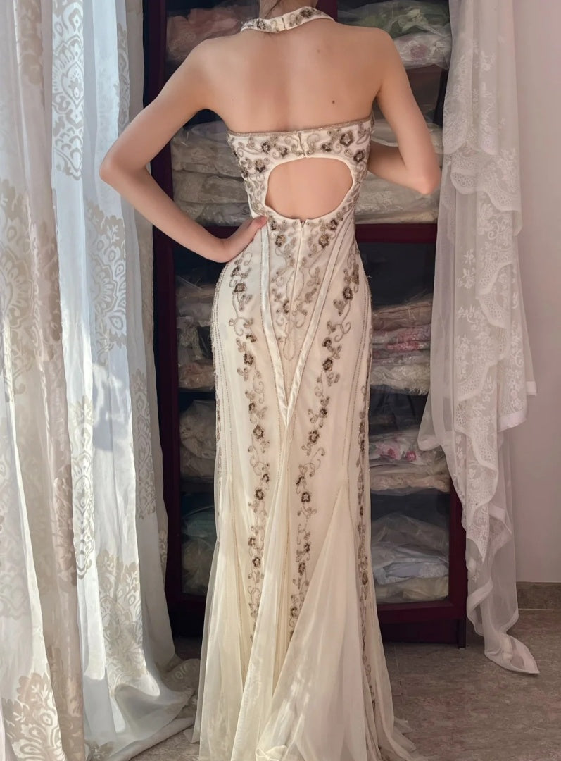 Vintage Halter Long Prom Dress Beaded Chiffon Sheath Evening Dress Sleeveless Birthday Dress ED06685