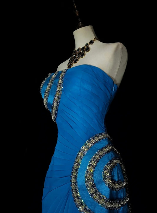 Elegant Strapless Blue Long Prom Dress Beaded Chiffon Sheath Evening Dress Sleeveless Birthday Dress ED06688