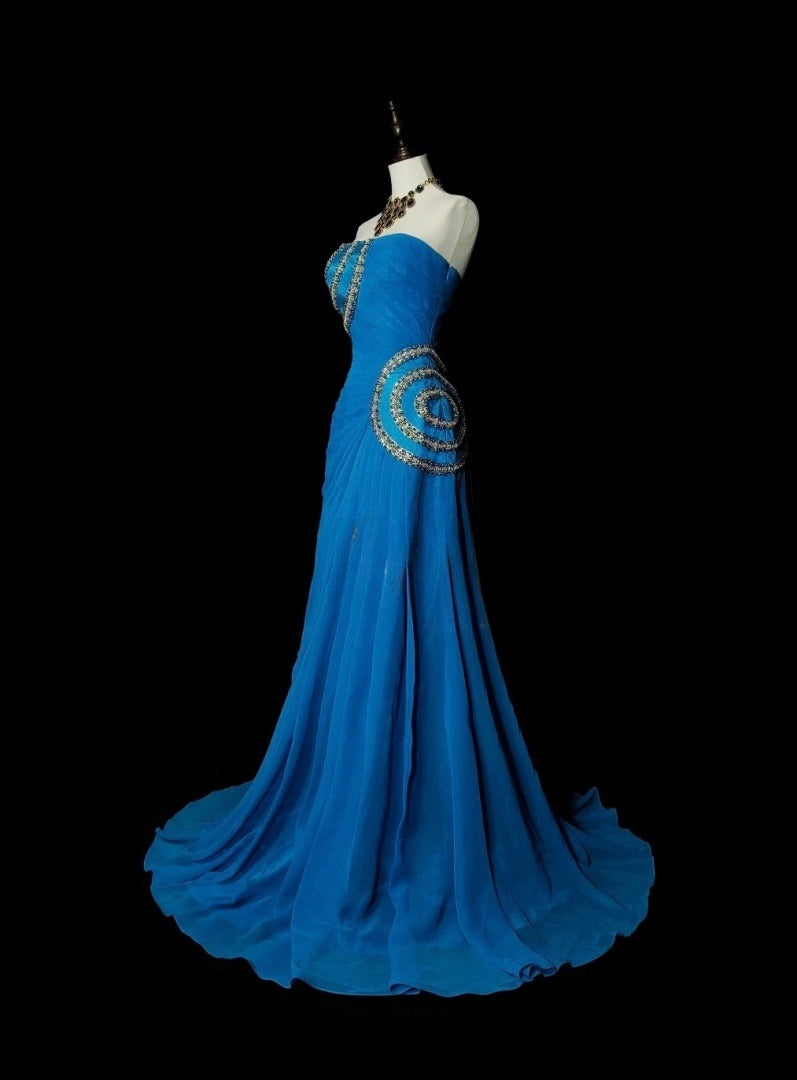 Elegant Strapless Blue Long Prom Dress Beaded Chiffon Sheath Evening Dress Sleeveless Birthday Dress ED06688