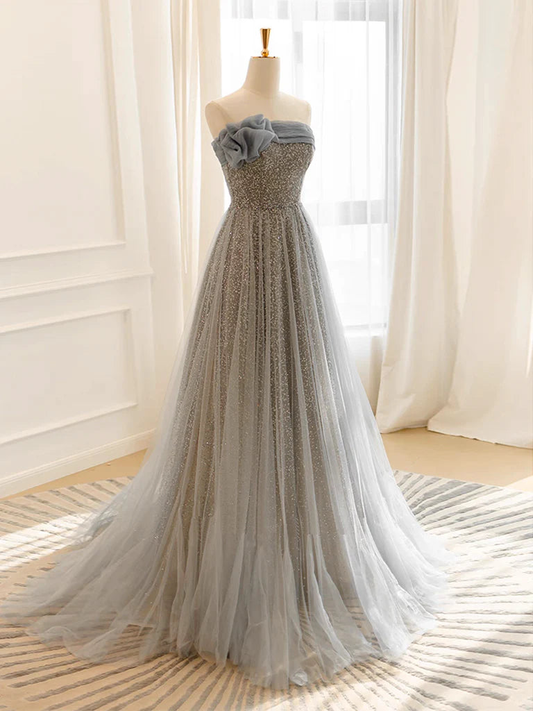 Robe de bal longue en tulle gris à paillettes, robe de soirée longue en tulle gris ED0669