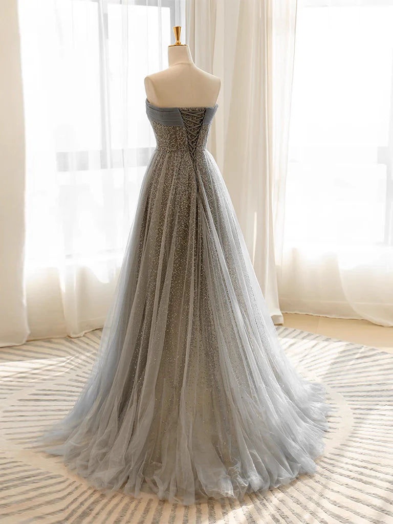 Robe de bal longue en tulle gris à paillettes, robe de soirée longue en tulle gris ED0669